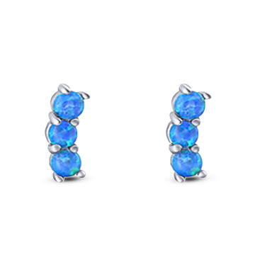 Art Deco Three Stone Style Stud Earring Round Created Blue Opal Solid 925 Sterling Silver (7mm)